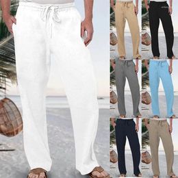 Herrenhosen Männer Baumwolle Leinen Hosen Mode Reine Farbe Elastische Taille Schnürung Lose Gerade Sommer Atmungsaktiv Täglich Lässig