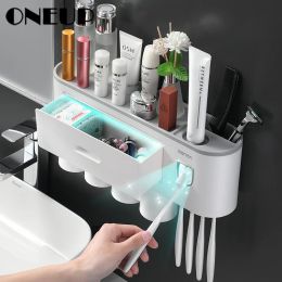 Holders ONEUP New Magnetic Toothbrush Holder With 2/3/4Cup Toothpaste Dispenser Wall Toilet Makeup Storage Rack For Bathroom Accessories