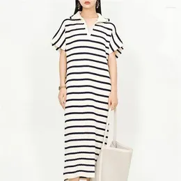 Party Dresses Fashion Polo Women Striped Knit Dress 2024 Loose Casual Midi Long Vintage Short Sleeve Female Straight Robe Mujer P884