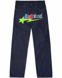 Мужские женские уличные хип-хоп Y2k джинсы Baggy Bad Friend с буквенным принтом джинсовые брюки Harajuku Fi Punk Streetwear Широкие джинсы m83T #