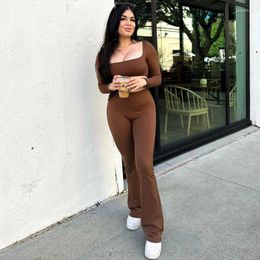 Beach Cover Up For Women Vacation Outfits 2024 Winter Solid Colour Long Sleeve Bell Bottoms Two Piece Set Spandex Clothes