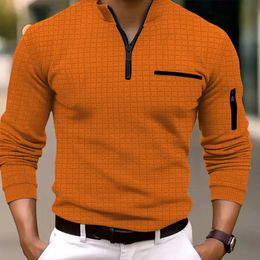 spring and autumn mens checkerboard checkered POLO shirt zip-up collar sports polo shirt 240318