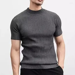 Men's T Shirts Knitwear Mens T-shirts Slim Mock Neck Short-sleeved Sweater Tops Men Casual Solid Colour Knit Jumper Shirt Male Streetwear