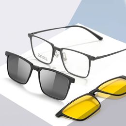 3 In 1 Pure Full Rim Square Men Glasses Frame With Polarized Clip On Sunglasses And Night Vision Women Eyewear 93006 240320
