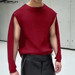 Men's T Shirts INCERUN Men Shirt Solid Colour O-neck Long Sleeve Hollow Out Korean Style Clothing Streetwear 2024 Fashion Casual Tee Tops