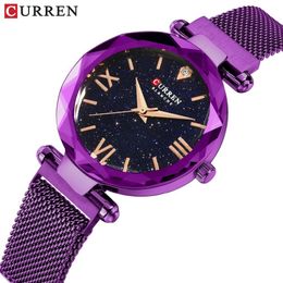 NEW CURREN Luxury Women Watches Mesh Ladies Clock Magnet Buckle Starry Diamond Geometric Surface Casual Dress Quartz Wristwatch275W