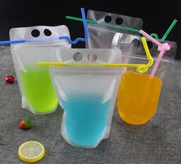 17oz 500ml Clear Drink Pouches Bags frosted Zipper Standup Plastic Drinking Bag with straw with holder Reclosable HeatProof6912364