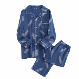 summer New Pyjamas Set Men Floral Printed Full Cott Fresh Style Sleepwear Set Men's Turn-down Collar trousers Pyjamas L4U2#