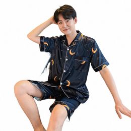 men Pyjama Sets Silk Satin Short Sleeve Shirt+Shorts 2Pcs Suit Summer Thin Sleepwear Solid Colour Male Casual Homewear Clothes 71io#