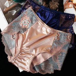 Women's Panties Women Lace Flower Embroidery Mid Waist Elastic Soft Breathable Anti-septic Glossy Ice Silk Lady Underpants Briefs Underw