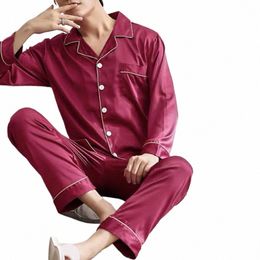 1 Set Pyjama Sets Men Sleepwear Solid Colour Lg Sleeved Single Breasted Home Wear Ice Silk Loose Plus Size Pyjamas Set for Home o8Ok#