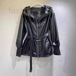 Women's Leather & Faux Leather Designer Triangle decoration belt waist closure zipper hooded leather jacket cardigan versatile and fashionable jacket women