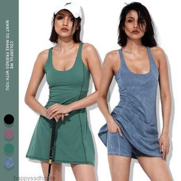 Nude Yoga Dress Solid Colour Suit Womens Tennis Skirt Shorts Pants Two-piece Set Anti Light Badminton Fitness Dress with Chest Cushion Gym Clothes