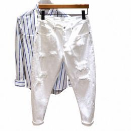 new White Jeans Men All-match Fi Ripped Hole Slim Stretch Harem Pants Comfortable Male Streetwear Denim Trousers n7th#