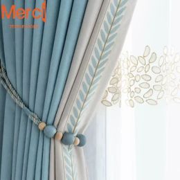 Curtains Modern Blue Curtains for Living Dining Room Bedroom Chenille Lace Stitching Thickening High Shading Window Drape Custom Size