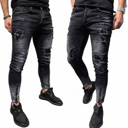 mens Skinny Stretch Denim Pants Distred Ripped Freyed Slim Fit Jeans Slim Male Pencil Trousers e62U#