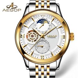 AESOP Moon Phase Watch Men Automatic Mechanical Watch Fashion Gold Wrist Watches Wristwatch Male Clock Men Relogio Masculino241q