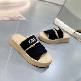 Designer Chunky platform wedges slippers pool woman Sandal loafer beach Sliders New style Slide Women High-heeled Platform Sandale canvas Mule With box Size 35-45