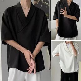 Men's Casual Shirts Men Regular Fit Shirt Hip Hop V Neck Summer Loose Baggy Solid Color Top For Hair Stylists Soft Breathable