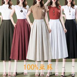 16nk litterära linne breda benbyxor för kvinnor lös sommarhög midja lösa stora benbyxor 70-80% fast färg kjolbyxor för kvinnor