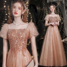 Golden Evening Dress Bubble Sleeves Princess Solo Performance 2024 New Banquet Walk Womens Spring