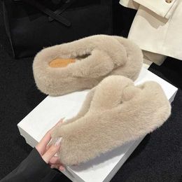 Slippers Womens Fur Artificial Luxury Fluffy Plus Sliding House Soft Girl Chequered Indoor Flat Casual Army Knife Round Toe Winter H240326K3JH