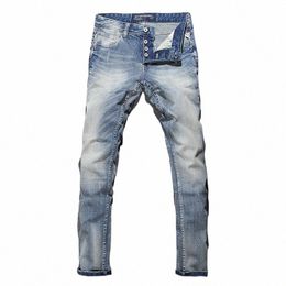 italian Style Fi Men Jeans Retro Light Blue Elastic Slim Fit Ripped Jeans Men Butts Trousers Vintage Designer Denim Pants G9Il#