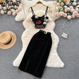 Work Dresses Sexy Y2k Set Women 2 Pieces Strapless Embroidery Sleeveless Vest Top Suit High Waist Belt Slim Hip Package Split Skirt Outfits