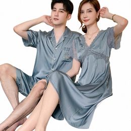 summer Ice Silk Couples Sleepwear Women's Sexy Lace Nightdr Men's Short Pyjamas V Neck Female Nightgown Male Loungewear 2023 Q5J5#