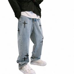 2023 Vibe Style Cross Embroidery Retro Wed Men Baggy Jeans Trousers Hip Hop Distred Vintage Denim Pants Pantals Capris J8uw#