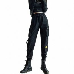 women's Cargo Pants Black Ribb Pocket Jogger Elastic Waist High Streetwear Harajuku Pant Punk Females Trousers Harem Pants p790#