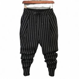 2023 New Summer Korean Fi Trend Casual High Waisted Pocket Stripe Elastic Men's Slim Fitting Leggings Cropped Pants b5B7#