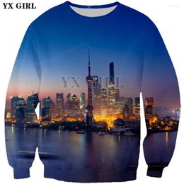Men's Hoodies YX GIRL Drop Shanghai China Buildings Light 3d Print O-Neck Pullovers 2024 Style Fashion Mens Womens Sweatshirt