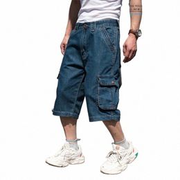 mcikkny Vintage Men's Cargo Summer Denim Shorts Multi Pockets Blue Straight Short Jeans For Male Plus Size 30-46 V5EO#