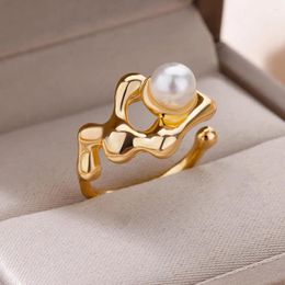 Cluster Rings Imitation Pearl Ring Irregular Stainless Steel For Women Men Adjustable Finger Wedding Couple Jewelry Gift