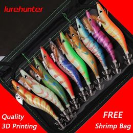 10PCS with Shrimp Bag 3D Printing 25 30 35 Hook Luminous Squid Jig Fishing Wood Lure Cuttlefish Jigs Lures 240312