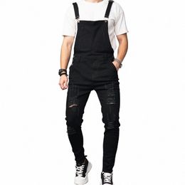 stylish Men Streetwear Solid Ripped Slim Bib Overalls Jumpsuits jeans Male Distred Holes Casual Strap Denim Pants j4mv#