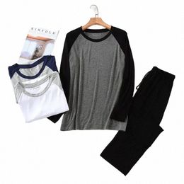 autumn Men's Modal Color Matching Lg Sleeve Pants Pajamas Suit for Mens Sleepwear Casual Sport Outwear Pijma Hombre Set S0kt#