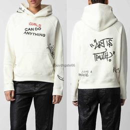 Lljt Womens Sweatshirts Zadig Voltaire 24ss Women Designer Cotton Sweatshirt New Zadig Tops Full Body Graffiti Letter Pattern Printed Plush Loose Hooded Sweater Fa