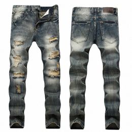 denim Jeans Ruined Tide High Street Men's Hip Hop Hole Fried Hole Beggar Pants Tide Large Size C9FB#