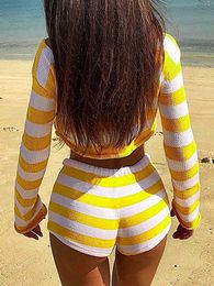Women's Swimwear 2 pieces of womens fashionable knitted dress with solid Colour striped shoulder crop top and elastic waist shorts set suitable for S M L 24326