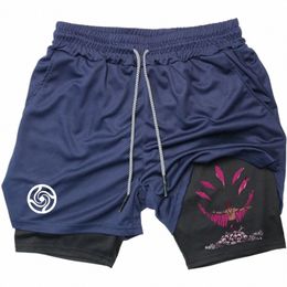men GYM 2 In 1 Compri Shorts Summer Anime Print Training Workout Male Fitn Sport Shorts Running Hiking Sportswear s6E9#