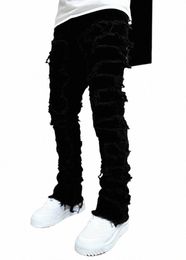 spring & Autumn Individual Patched Black Pants Lg Tight Fit Stacked Jeans For Men f0Ya#