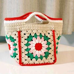 Drawstring Granny Square Women Handbag Yarn Crochet Handmade Lady Bucket Shopping Bag