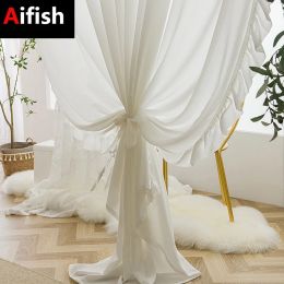 Curtains White Semi Sheer Curtains for Living Room French Romantic Light Filtering Drapes with Ruffles Solid Color Curtains for Bedroom