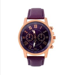 Elegant Purple Ladies Watch Retro Geneva Student Watches Quartz Womens Wristwatches With Leather Strap2487