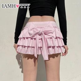 Skirts IAMTY Japanese Sweet Low-waisted Mini Skirt Pink Back Bow Tiered Ruffle A-line Kawaii Lolita Style Multi Layered