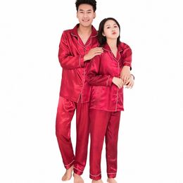 silk Satin Men Pyjamas Set Fi Sleepwear Couple Solid Colour Lg Sleeve Suit T0kJ#