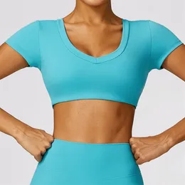 Yoga Outfit Solid Colour V Collar Bra Women High Intensity Short Sleeve Gym Top Clothes Fitness Running Workout Shirt