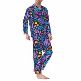 bright Frs Pajama Sets Vibrant Floral Print Fi Sleepwear Couple Lg-Sleeve Retro Sleep Two Piece Home Suit Big Size I6mG#
